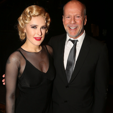 Rumer Willis and father Bruce Willis pose backstage as Rumer makes her broadway debut as "Roxie Hart" in Broadway's "Chicago" on Broadway at The Ambassador Theater on September 21, 2015 in New York City.