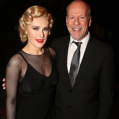 Rumer Willis and father Bruce Willis pose backstage as Rumer makes her broadway debut as "Roxie Hart" in Broadway's "Chicago" on Broadway at The Ambassador Theater on September 21, 2015 in New York City.