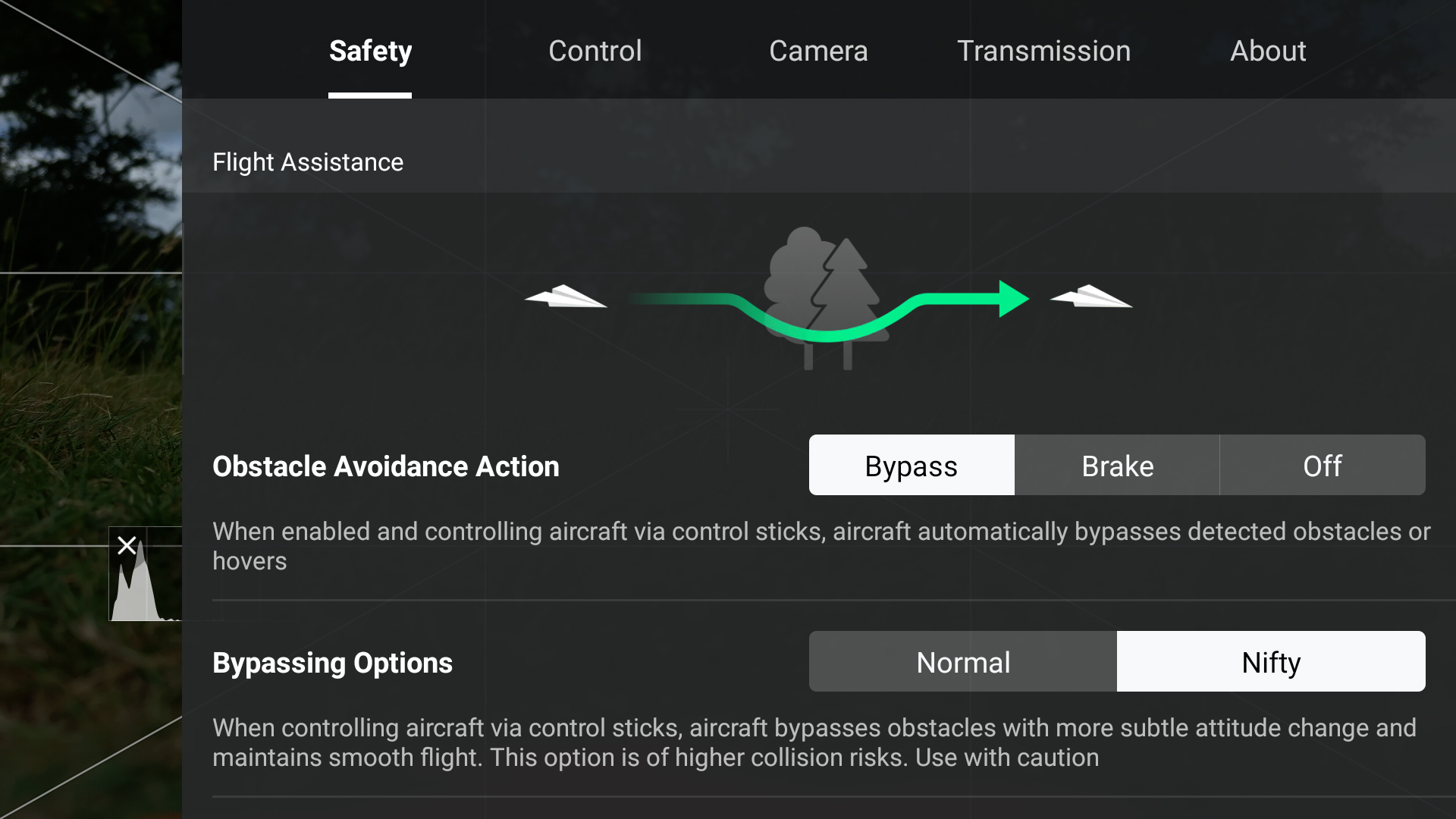 Obtacle Avoidance settings in the DJI Fly app