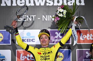 Vos celebrates victory at Omloop Het Nieuwsblad in 2024