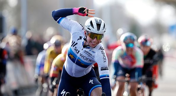HOOGEVEEN, NETHERLANDS - MARCH 11: Lorena Wiebes of The Netherlands and Team SD Worx celebrates at finish line as race winner during the 19th Miron Women's WorldTour Ronde van Drenthe 2023, Women's a 94km one day race from VAM-berg to Hoogeveen / #RondevDrenthe / #UCIWWT / on March 11, 2023 in Hoogeveen, Netherlands. (Photo by Bas Czerwinski/Getty Images)