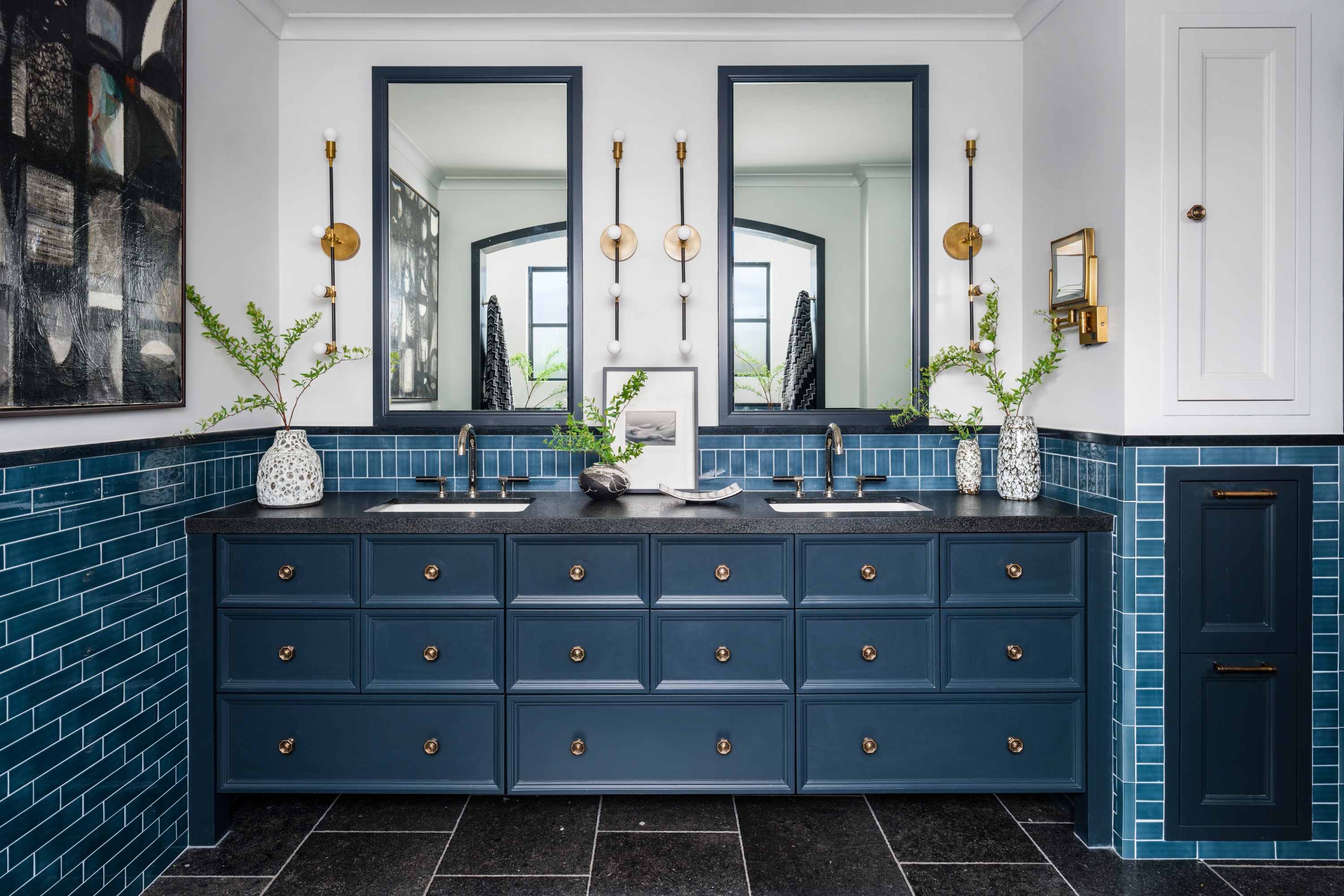 Blue bathroom with vanity unit painted in Farrow &amp;amp; Ball Hague Blue