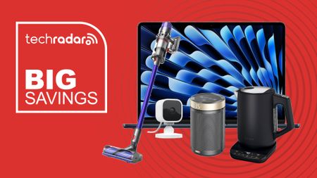 Collage of MacBook Air, Dyson vacuum and Ninja Kettle on sale at Amazon UK