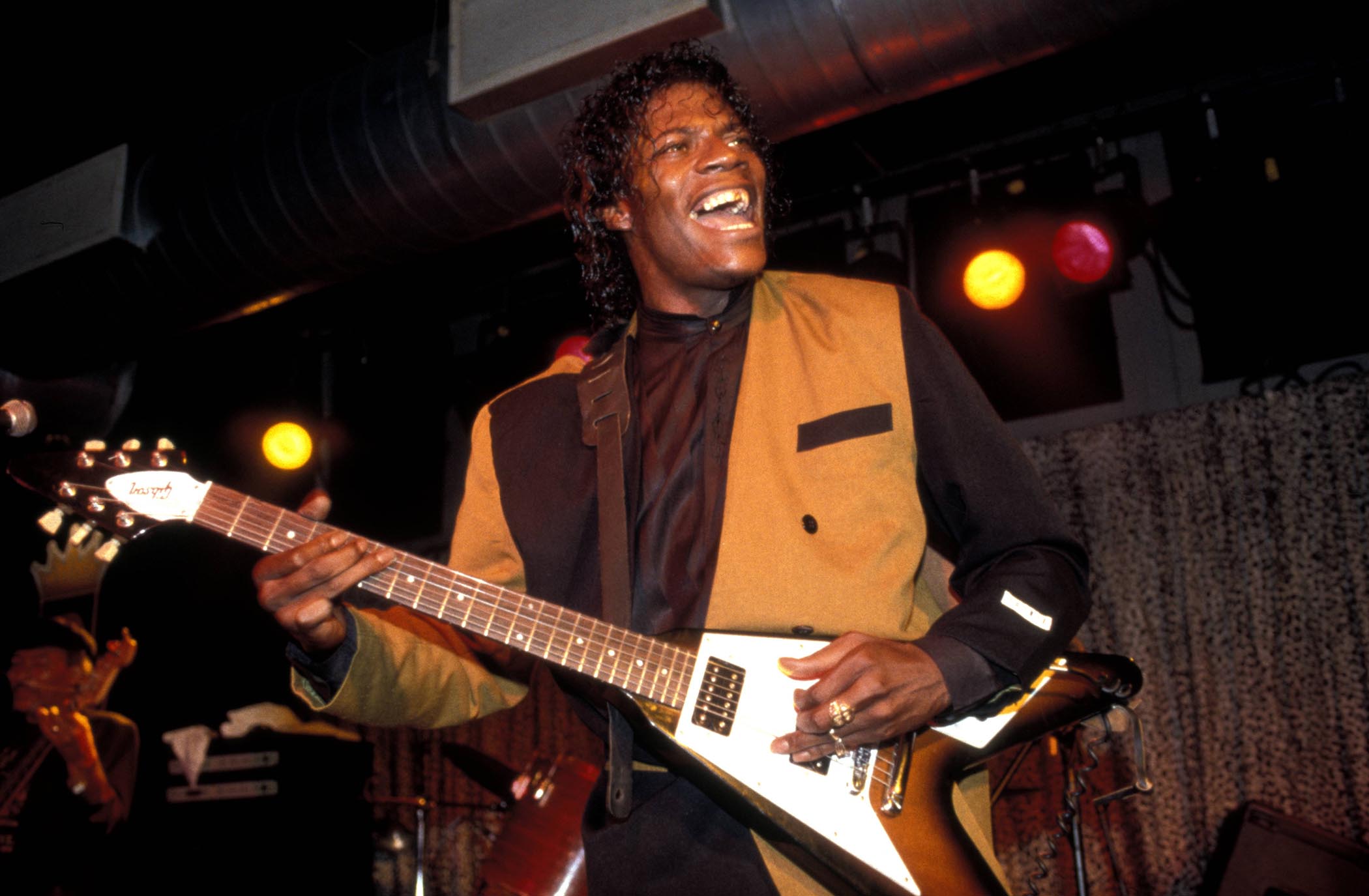 Little Jimmy King plays his Flying V during a live performance in the '90s.