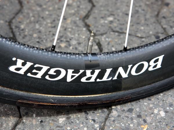 A bit of electrical tape keeps the valve from rattling inside this Bontrager deep carbon rim.