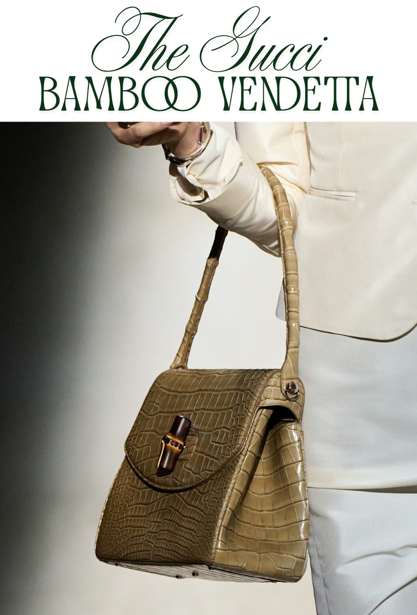 autumn winter it bags 2026: model carries a camel mock croc gucci bamboo bag on the AW26 runway
