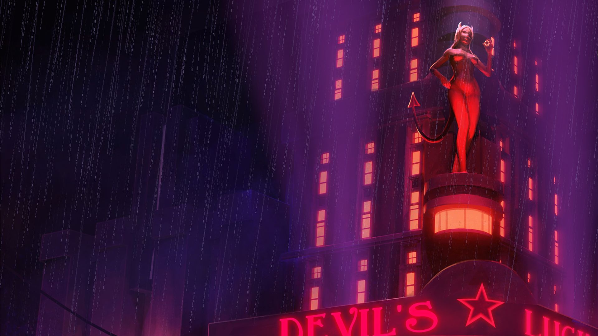 A statue of a devil lady outside the Devil's Luck casino