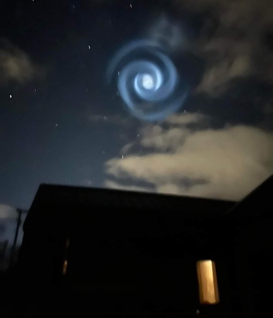 Clare Rehill captured a blue spiral over New Zealand on 19 June 2022 associated with a SpaceX Falcon 9 launch.