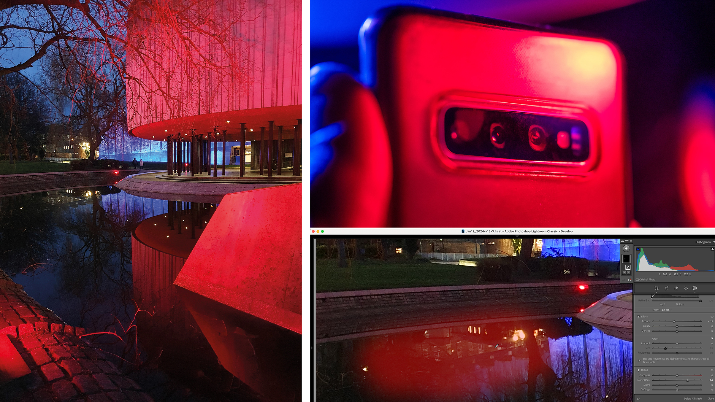 A vibrant nighttime scene featuring illuminated trees and a reflective pond, alongside a close-up of a smartphone camera in red light and a screenshot of Adobe Lightroom classic