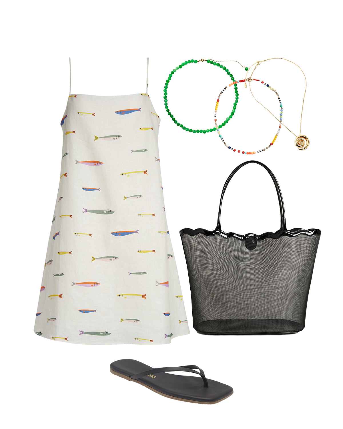 college of printed mini dress, colorful necklaces, black flop flops, and black mesh bag