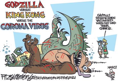 Editorial Cartoon U.S. godzilla king kong covid vaccine