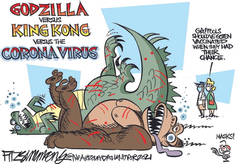 Editorial Cartoon U.S. godzilla king kong covid vaccine