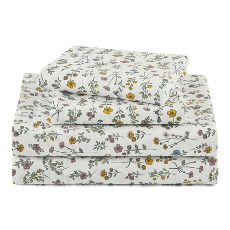 Beautiful Botanical 4-Piece 100% Cotton Percale White Sheet Set, Queen by Drew Barrymore
