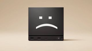 Steam Machine with beige backdrop and sad face on front made from closed bracket and colon.