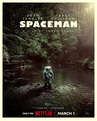 an astronaut in a spacesuit stands in a forest, ankle-deep in a stream