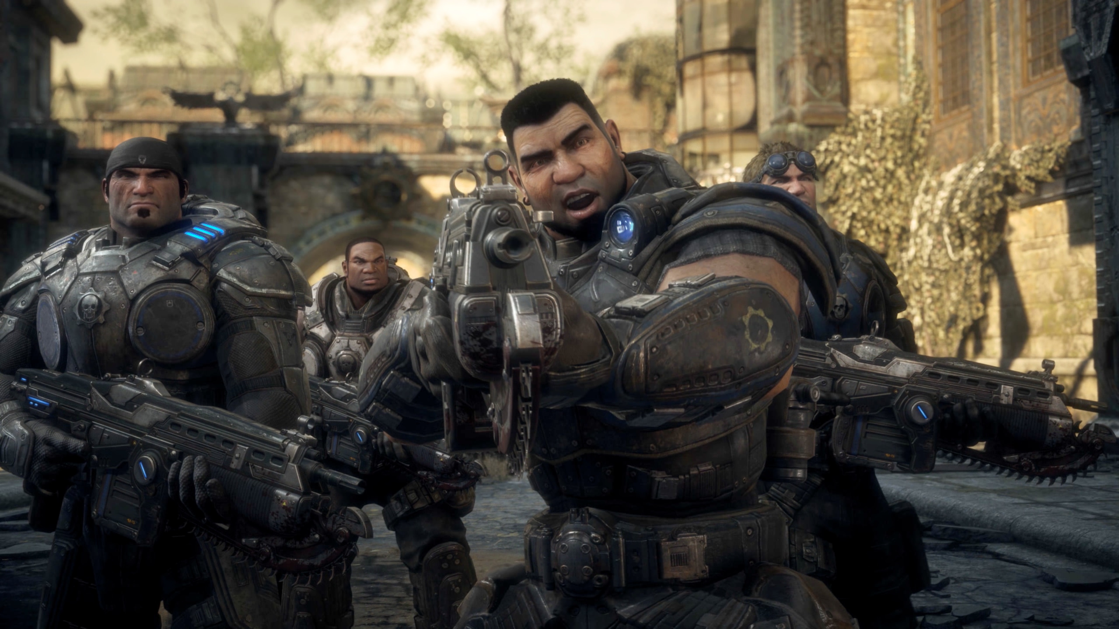 Delta Squad in Gears of War: Reloaded, with Dom aiming a gun at the camera
