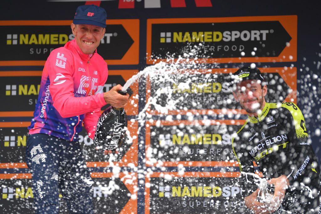 Woods celebrates on the podium
