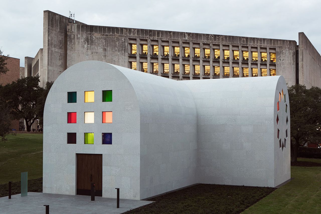 Austin, 2015, by Ellsworth Kelly, artist-designed building with installation of coloured glass windows, black and white marble panels, and redwood totem