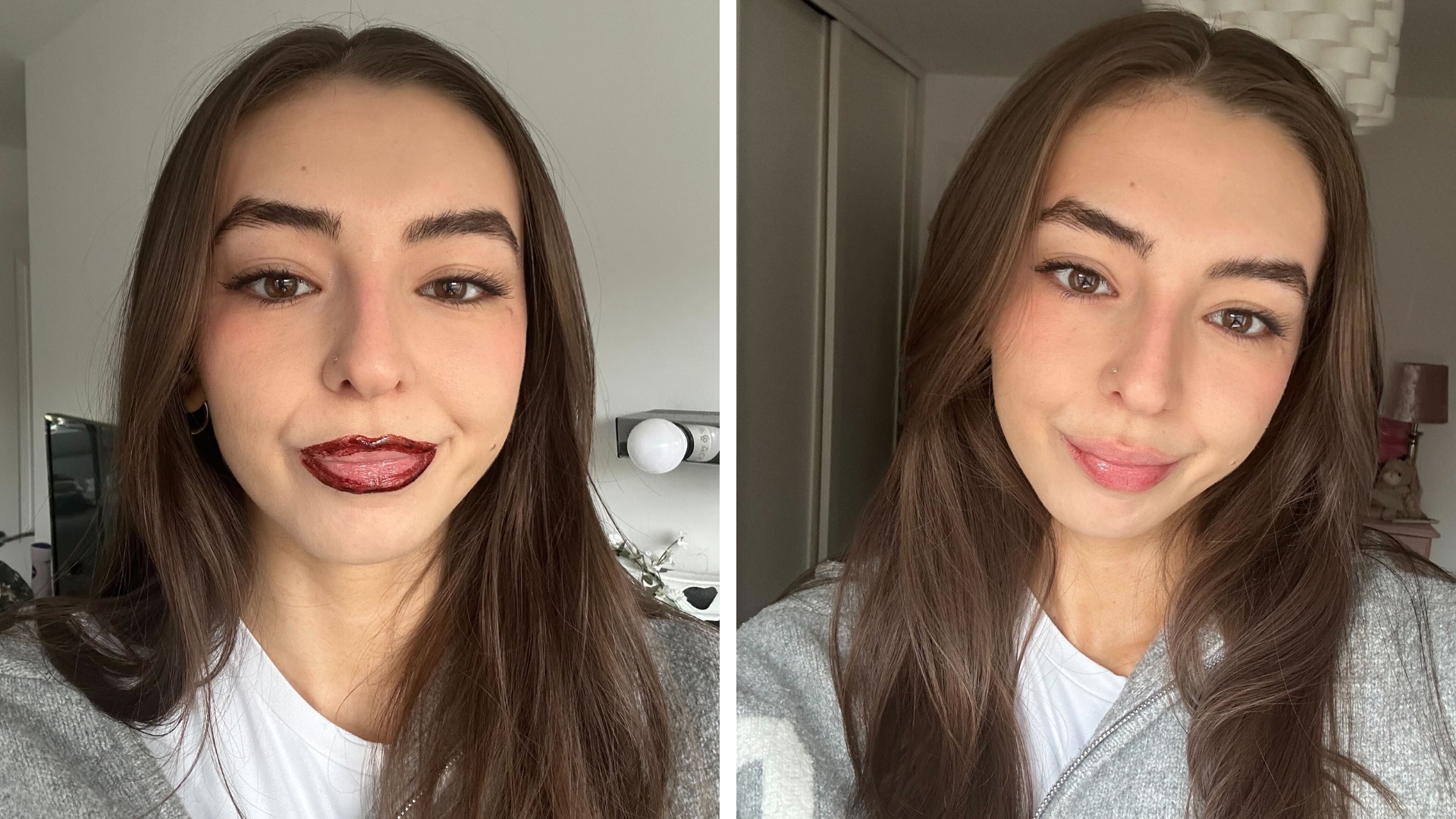 Collage of photos showing Sennen Prickett during and after testing the Sacheu Lip Liner Stain