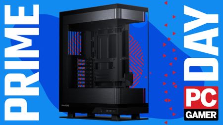 The beautiful Phanteks Evolv X2 monolithic PC case sat floating in a PC Gamer prime day deals background