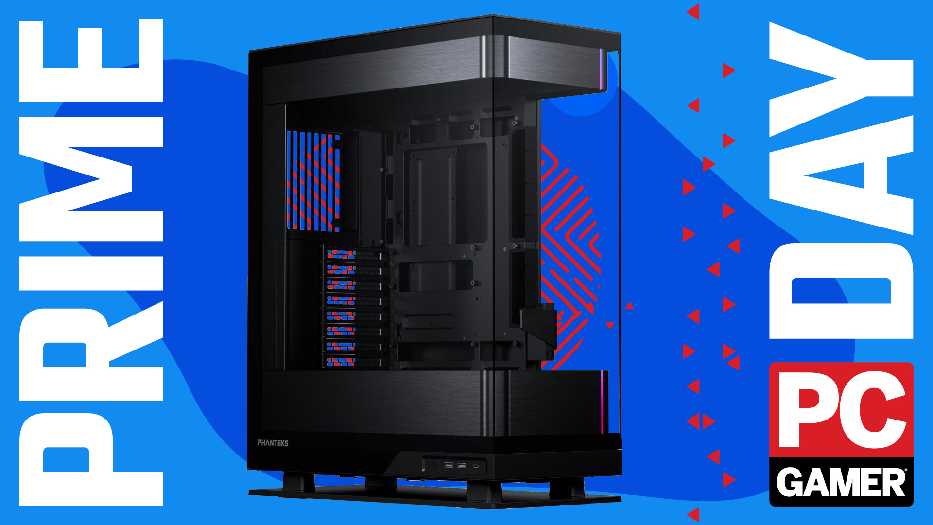 The beautiful Phanteks Evolv X2 monolithic PC case sat floating in a PC Gamer prime day deals background
