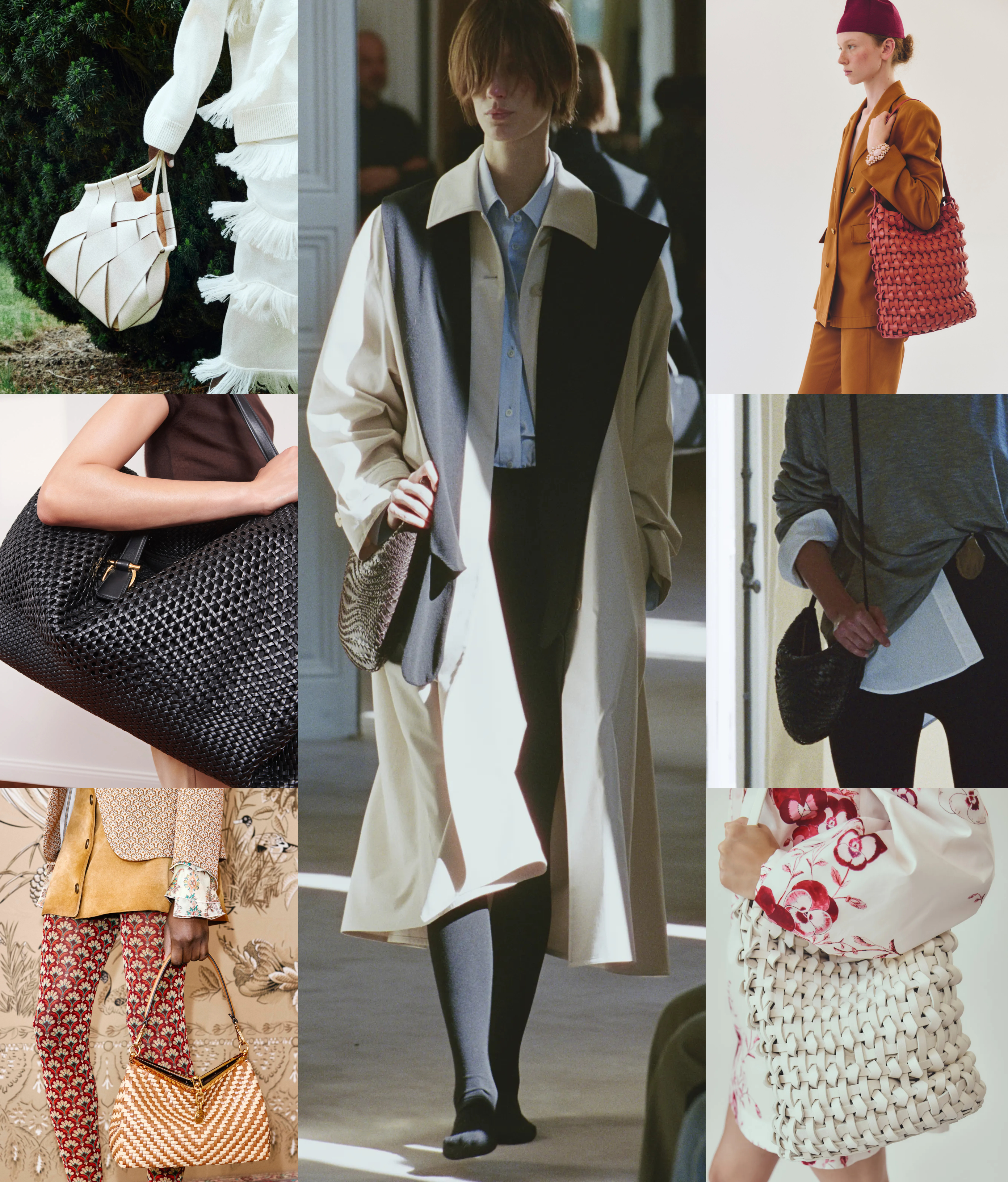 winter 2026 bag trend woven leather at Ulla Johnson, Ferragamo, Etro, The Row, Giambattista Valli Resort 2026