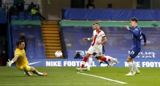 Chelsea’s Kai Havertz scores his side’s third goal of the game during the Premier League match at Stamford Bridge, London