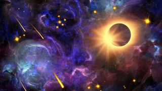 solar eclipse April 2023: Conceptual universe and galaxies image.