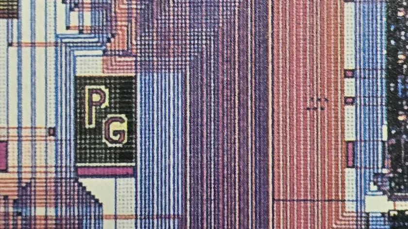 Intel 386 die detail showing the &#039;PG&#039; initials