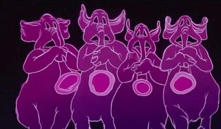 Pink Elephants playing their trunks like trumpets