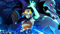 Key art of Hades 2. Melinoe raises her ghostly green arm above her head with magical stars and streaks around her. The dark violet background is split between a view of constellations and a skeleton man.