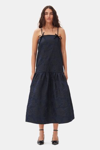 Navy Blue Botanical Jacquard Strap Midi Dress