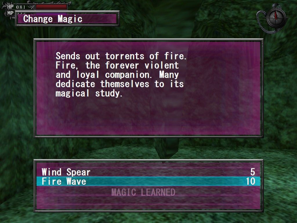 Lunacid: Tears of the Moon screenshot showing fire magic description in inventory