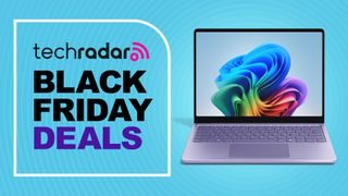 A violet Microsoft Surface Laptop 13-inch (2025) against a TechRadar Black Friday deals background