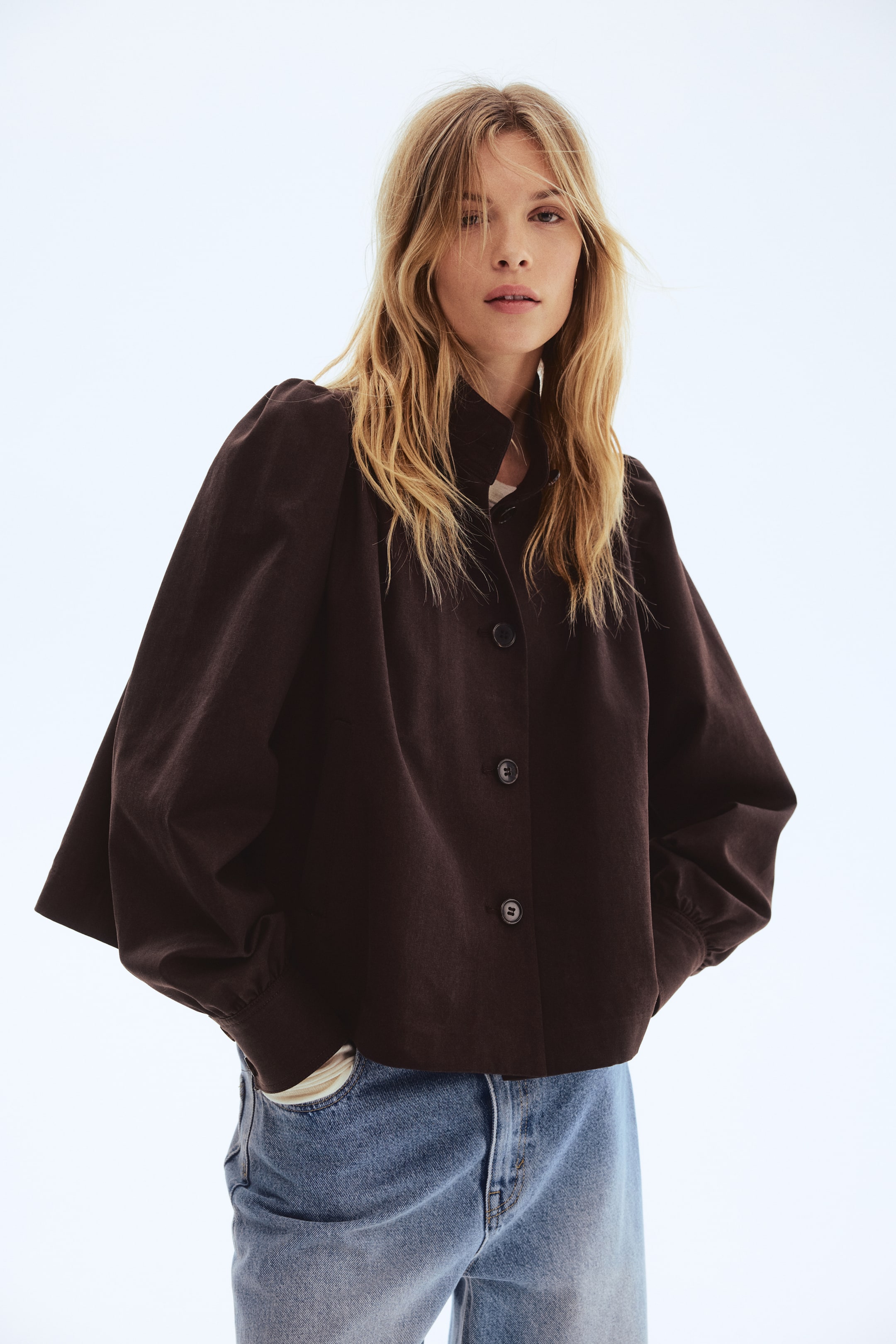 Puff-Sleeved Twill Jacket - Dark Brown