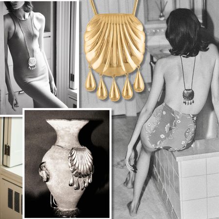 A collage of the Juju Vera Petra Shell Pendant Necklace