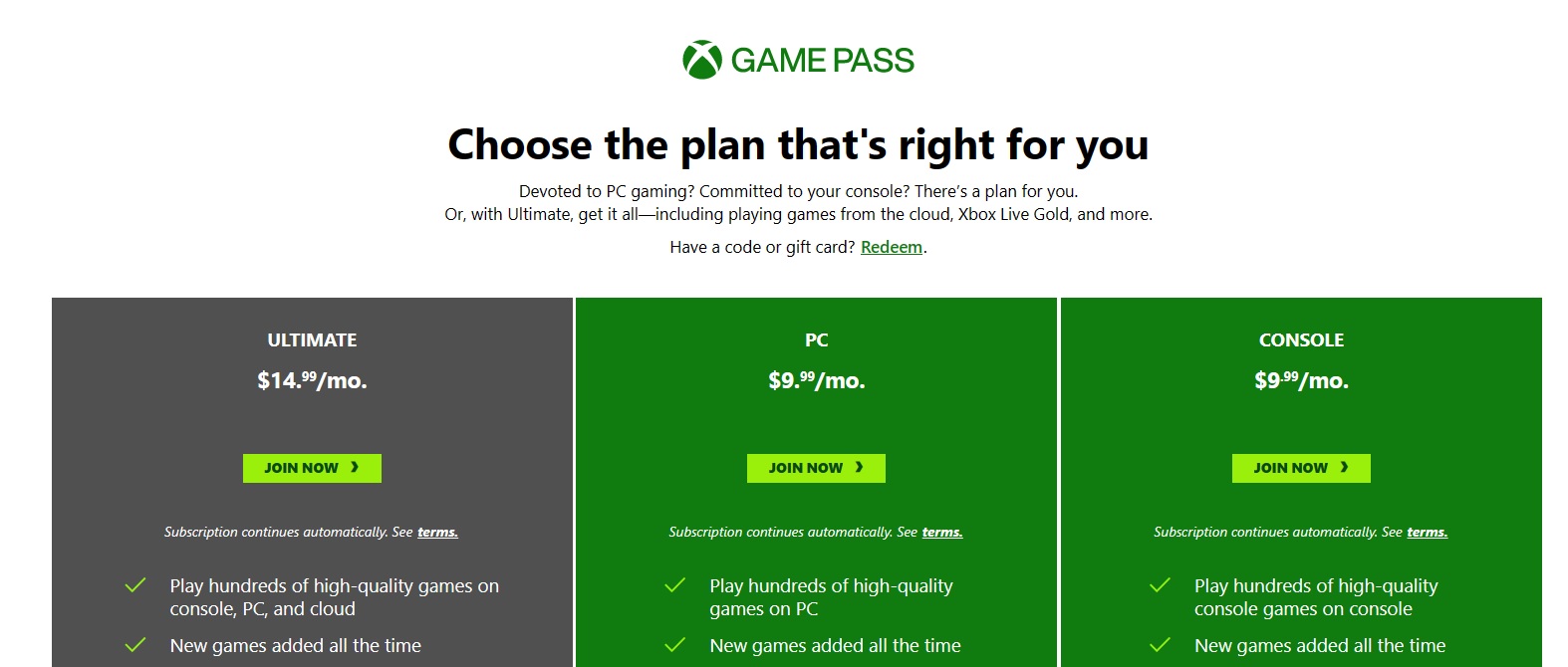 Níveis de preços do Xbox Game Pass