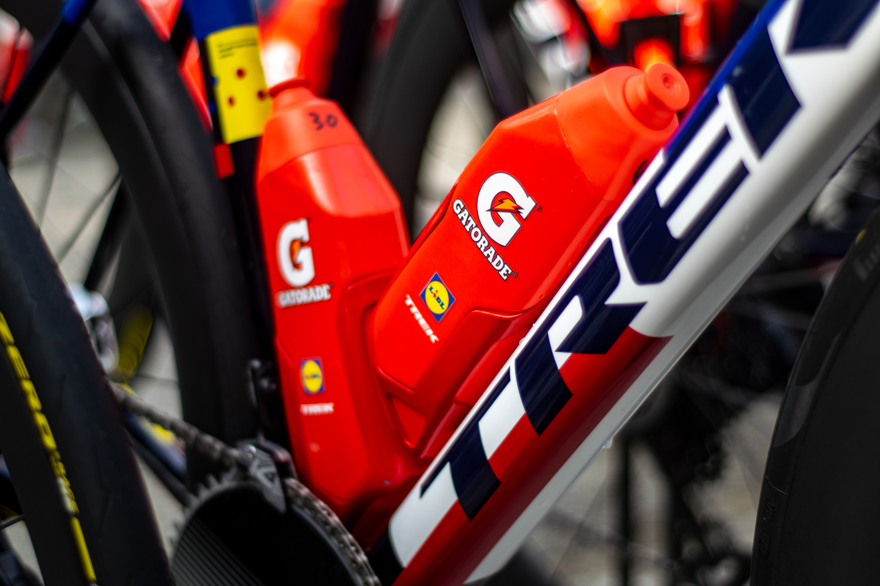 a closeup view of two Gatorade bidons that are a unique shape, more square than usual bidons