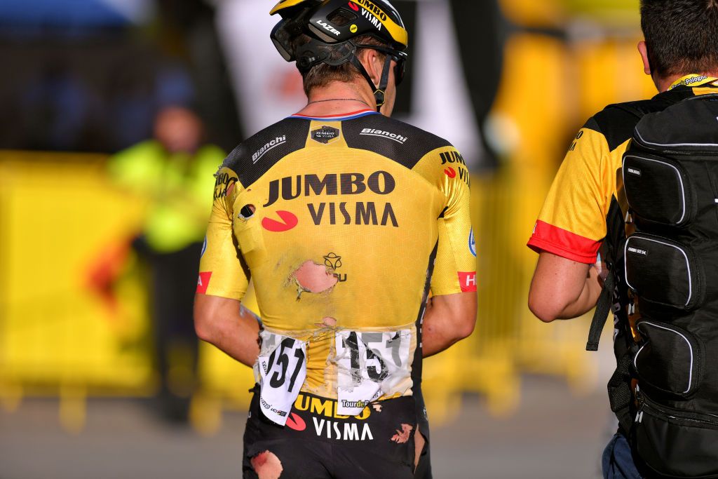 Dylan Groenewegen (Jumbo-Visma) walks away from stage 1 high-speed crash at the Tour de Pologne