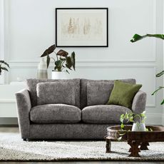 A grey Dunelm sofa in a white living room with panelled walls, a coffee table and potted plants