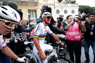 Mathieu van der Poel smiling at the finish of Milano-Sanremo