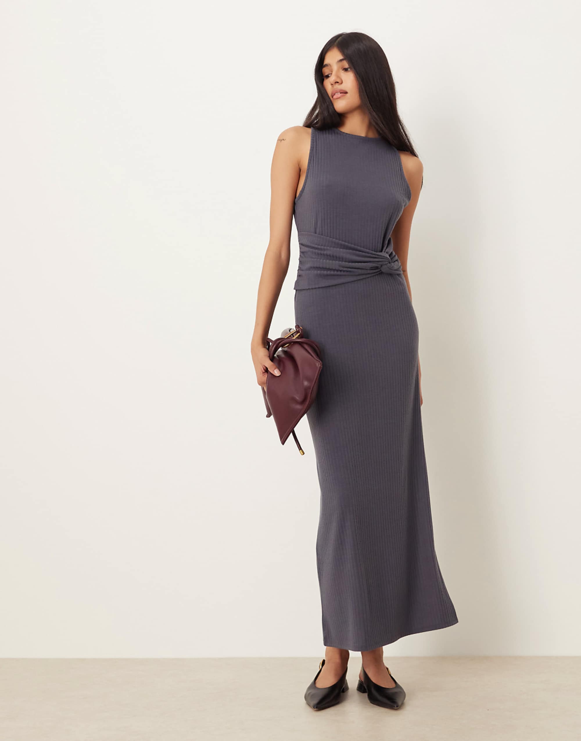 Asos Design Ribbed Sleeveless Racer Knot Waist Midi Dress in Slate Gray
