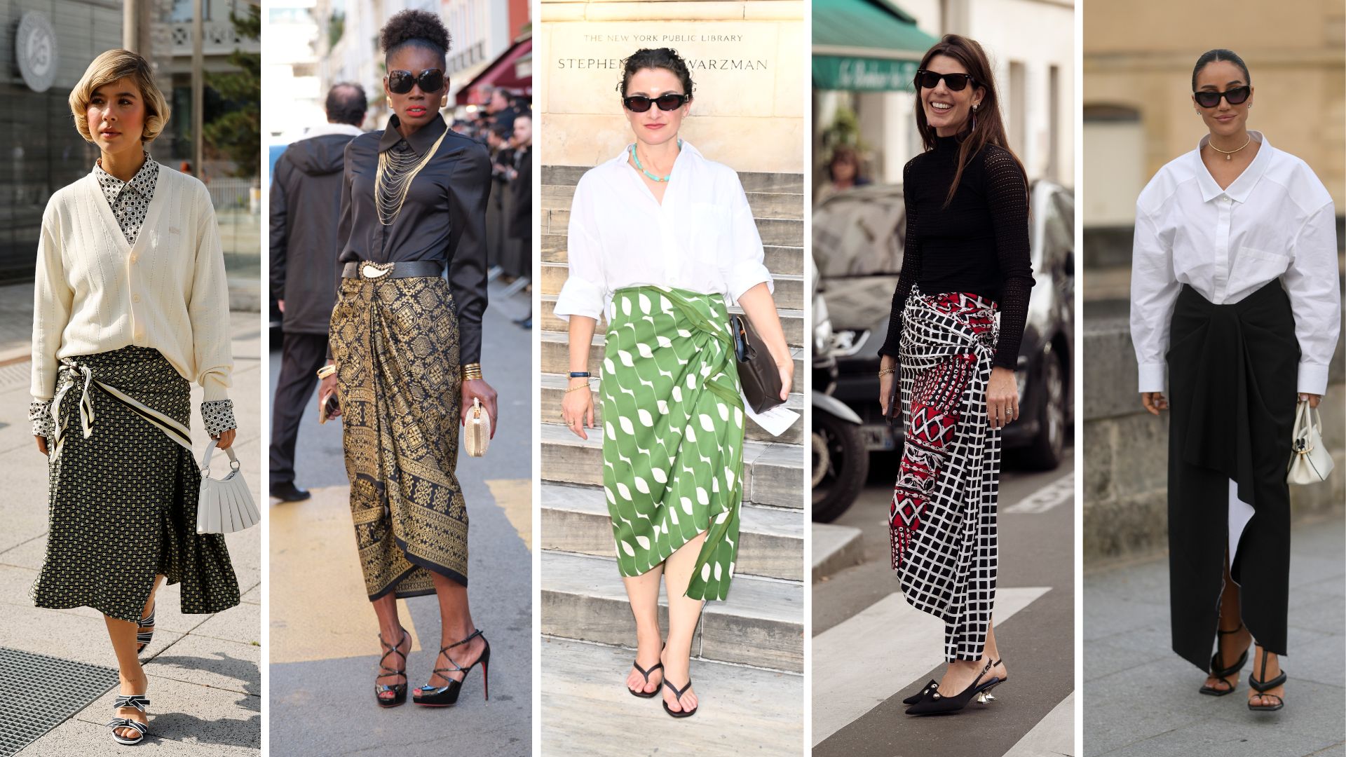 five street style shots of women wearing sarong skirts
