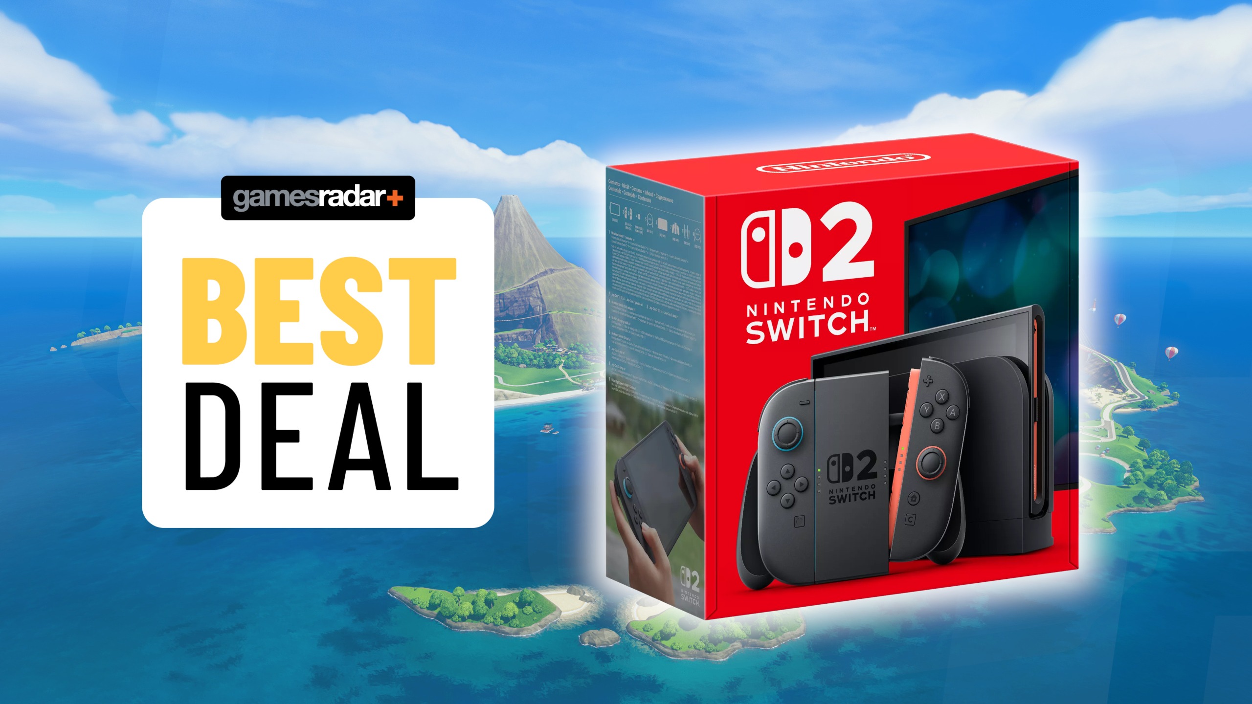 Nintendo Switch 2 on a Switch Sports Resort screenshot background with best deal badge