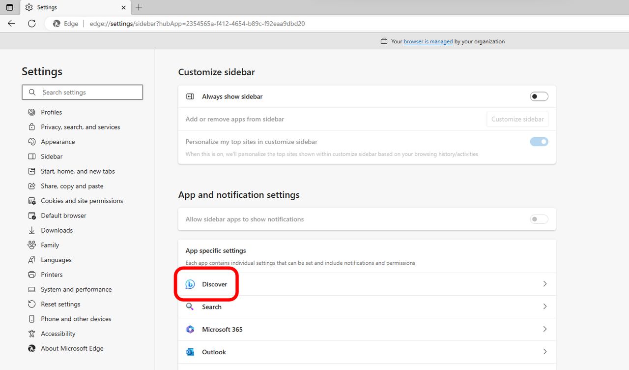 Microsoft Edge Settings to hide Bing Icon