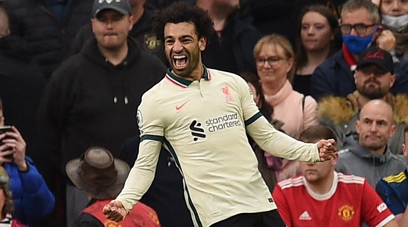 Mohamed Salah celebrates one of his goals for Liverpool against Manchester United at Old Trafford in October 2021.