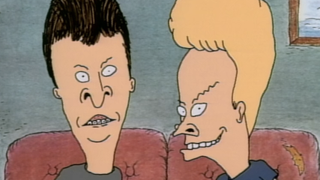 Beavis and Butt-Head looking directly into the frame with wide eyes in Beavis and Butt-Head