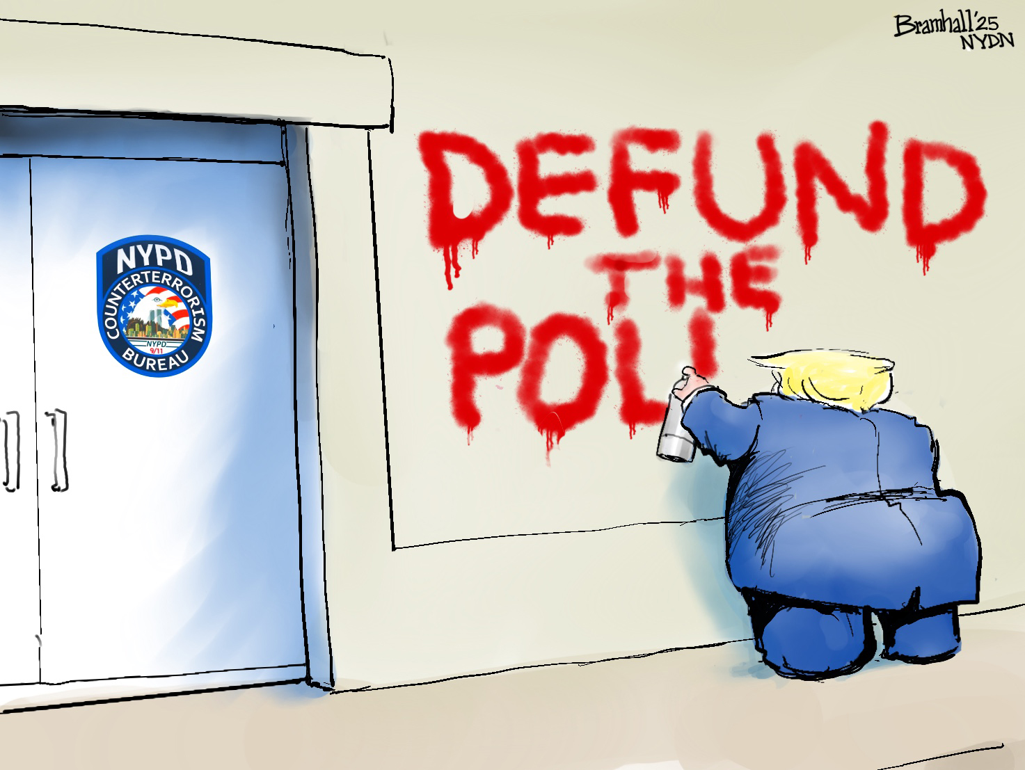 This cartoon depicts Donald Trump stray-painting &amp;ldquo;Defund the police&amp;rdquo; on a wall outside the NYPD Counterterrorism Bureau.