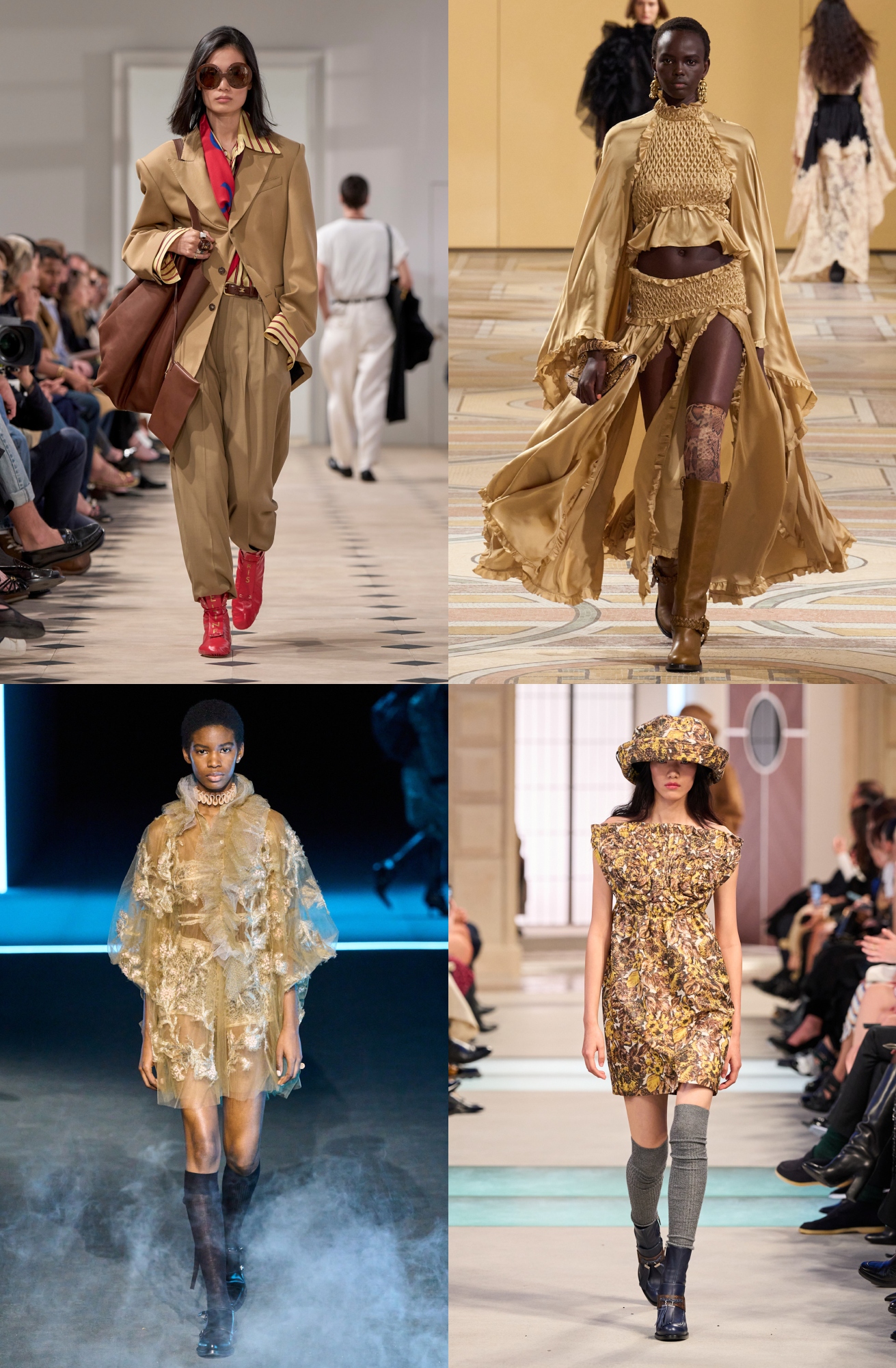Zdjęcie odcienia złotego beżu na wybiegach kolekcji Celine, Zimmermann, Dior i Louis Vuitton jesień/zima 2025, jednego z najważniejszych trendów kolorystycznych jesieni 2025 roku.
