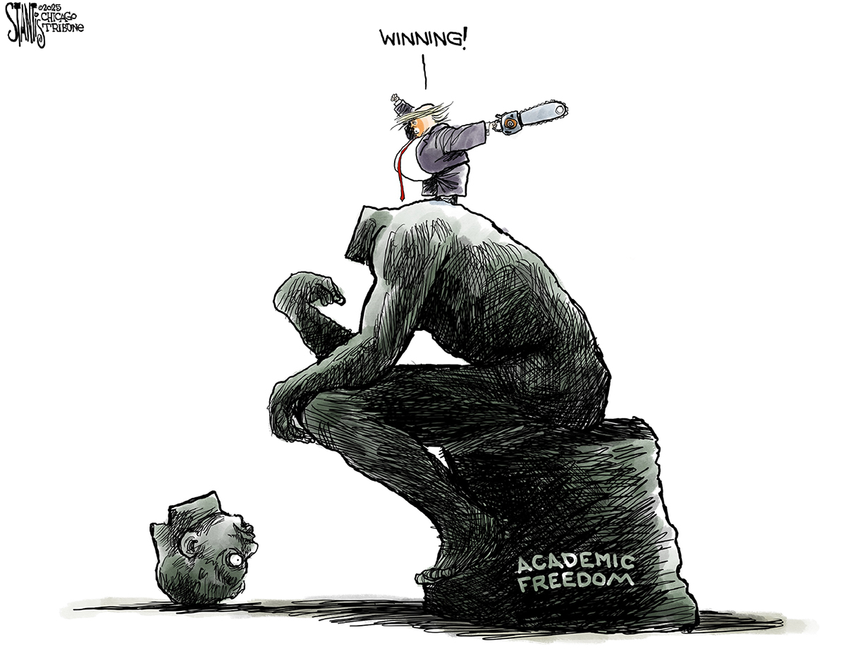 This cartoon depicts Donald Trump with a chainsaw standing atop a decapitated “Thinker” statue labeled “Academic Freedom.” The head of the statue is upside down on the ground and looks distressed. Trump says, “Winning!”